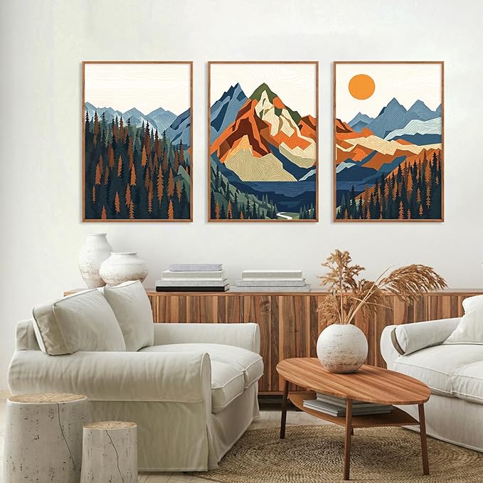 FWIEXA Vintage Mountain Framed Canvas Wall Art Set, Boho Sunrise Wall Prints, Abstract Nature Forest Artwork, Retro Lake Sunset Painting, 3 Panel 16x24 Inches Modern Rustic Decor for Living Room, Bedroom, Office
