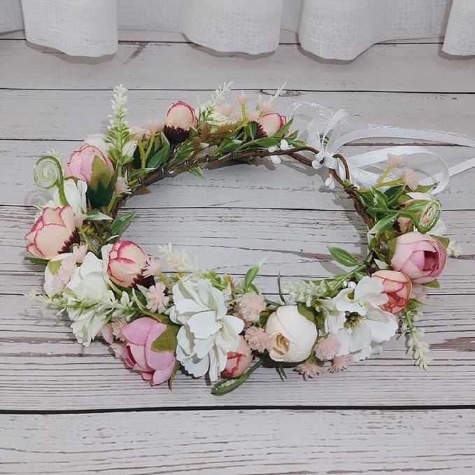 Vividsun Flower Crown Floral Wreath Headband Floral Crown Wedding Festivals Photo Props Headpiece (F/pink camellia)