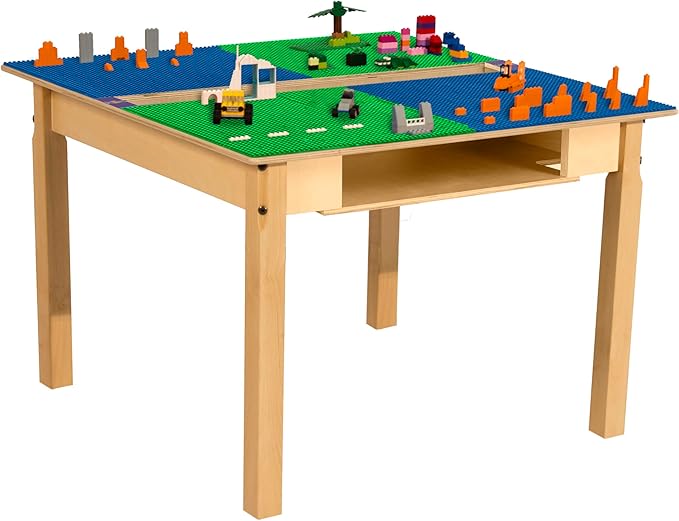 Contender Time-2-Play 35" x 31"Hardwood Blue & Green Lego Compatible Table with Trough and Shelf, Solid Wood Toddlers Activity Desk Playroom, Daycare, Or Preschool [ 22" Long Legs]