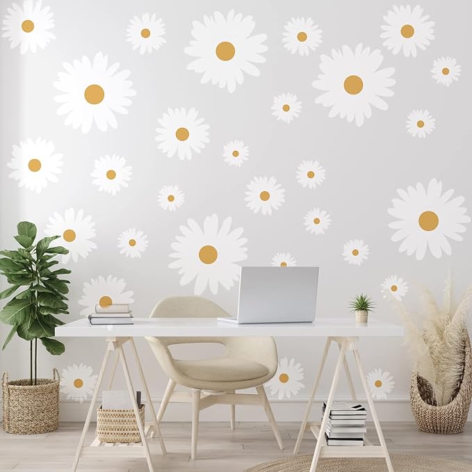 TaoBary 12 Sheets Daisy Wall Decal Flower Wall Sticker Cute Daisy Sticker Pink White Flower Decal Peel and Stick Floral Wallpaper for Nursery Bedroom Home Decor(White, Yellow,Multi Petal Style)