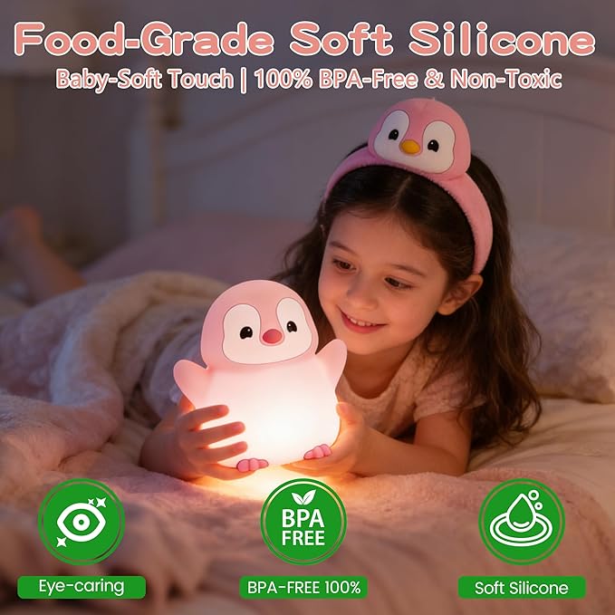 Pink Penguin Night Light,Soft Silicone Nursery Nightlight for Baby,LED Squishy Novelty Animal Bedside Lamp,Rechargeable/Dimmable/Timer,Room Decor, Cute Xmas Gifts for Kids/Girls/ Mom/ Grandma/ Teens