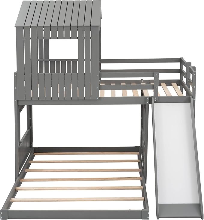 MERITLINE House Bed Bunk Beds with Slide Twin Over Full Size Bunk Bed Frame with Slide,Wooden Playhouse - Design Slide Bunk Beds Twin Over Full Bunk for Boys and Girls