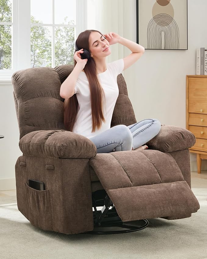 Swivel Recliner Chair, Upholstered Fabric Comfy Rocking Chair, Sturdy Q235 Steel Frame Nursery Glider, 300 LBS Capacity, for Small Spaces, Living Room, Bedroom, Brown