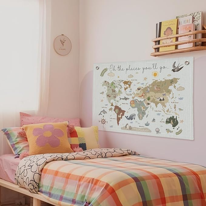 Wheatwin World Map Wall Art Banner for Kids 20x30, World Maps for Wall, World Map Cute Animal Educational Tapestry Wall Hanging Canvas Wall Decor Banner Flag Decor for Kids Room Playroom Classroom - Blue