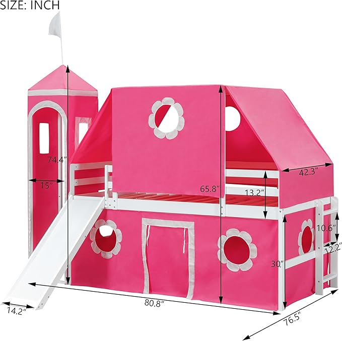 Polibi Castle Loft Bed with Slide & Tent and Tower, Playhouse Design Spacious Under Bed Space with Curtains, Wood Tent Bed Frame for Kids Boys Girls (Pink, Twin)