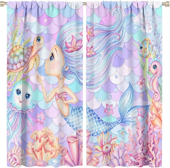 Fantasy Mermaid Curtain Dream Cartoon Marine Organisms Turtle Coral Ocean Theme Dream Blackout Window Treatment for Kids Girls Bedroom Nursery Room Decor Rod Pocket Window Drapes 42x45in