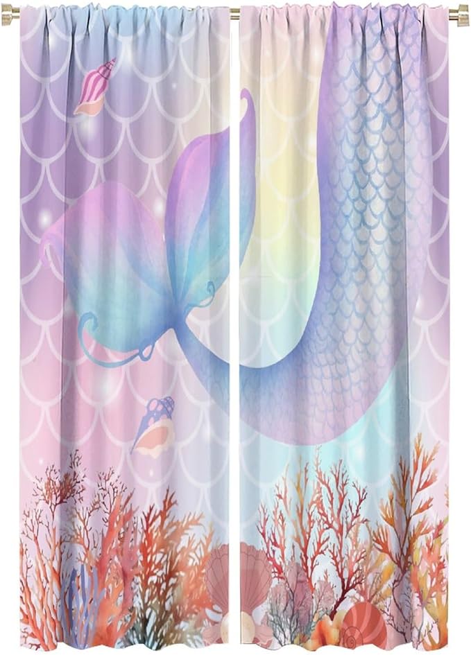Dream Mermaid Curtains Colorful Mermaid Fish Tail Scale Fantasy Ocean Theme Beautiful Kids Window Treatment for Girls Bedroom Nursery Room Decor Rod Pocket Window Drapes 42x63in