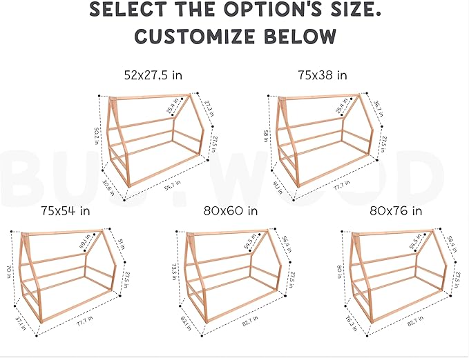 Montessori House Floor Bed - Toddler Floor Bed for Kids - King Low Kids Bedframe - Water Based Paint Used - 5 Sizes: Small, Twin, Full, Queen (Model 1)