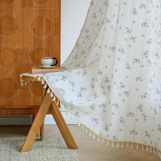 OYX Boho Curtains 96 Inch Length 2 Panels for Living Room, Bedroom Light Filtering Drapes, Farmhouse Vintage Country French Rustic Tassels Pattern Rod Pocket Aesthetic Decor Window Treatments