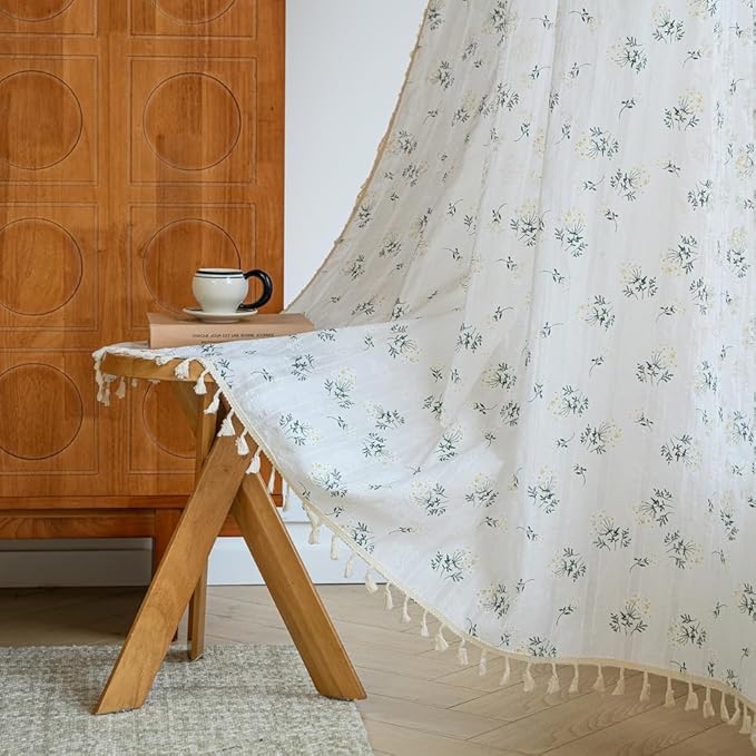 OYX Boho Curtains 84 Inch Length 2 Panels for Living Room, Bedroom Light Filtering Drapes, Farmhouse Vintage Country French Rustic Tassels Pattern Rod Pocket Aesthetic Decor Window Treatments