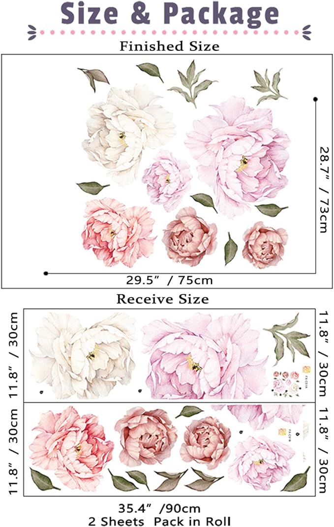 Watercolor Peony Flowers Wall Decals Floral Wall Stickers for Living Room, Delicate White & Pink Flowers Wall Posters Vinyl Blossom Art Applique for Bedroom Girls Room