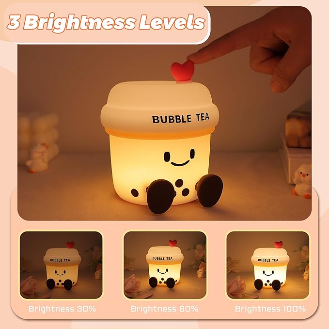 YuanDian Boba Bubble Tea Night Light, Cute Silicone Lamp Gift for Kids Girls Boys, Bedroom Decor for Christmas Birthday - Toddler Safe Kids Room Accessories