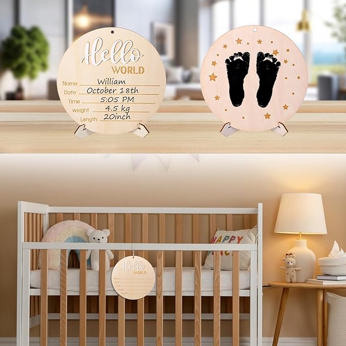 Hello World Newborn Sign: Baby Announcement Wooden Name Sign with Footprint Marker and Stand - Perfect Birth Announcement for Newborns
