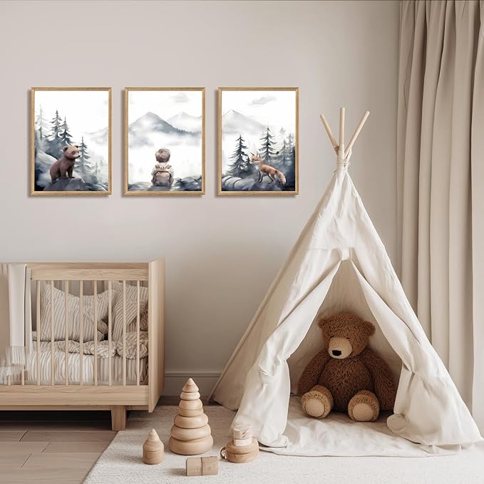 Cyebmo Woodland Boy Nursery Wall Art Set of 3, Whimsical Boy Adventure Wall Decor, Mountain Forest Animal Bear Fox Canvas Painting for Classroom Kids Room Baby Nursery Wood Framed 12"x16"x3