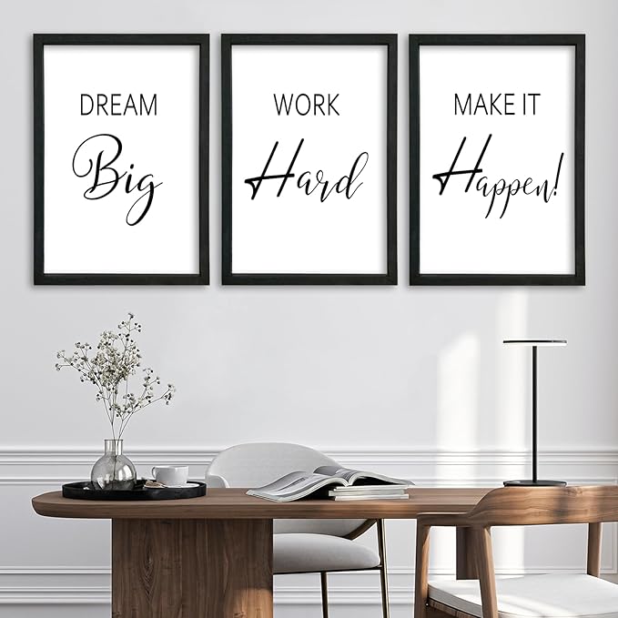 YWJKWLGS Motivational Wall Decor for Office & Home 16x24 Inch Set of 3 Inspirational quotes Wall Art Wood Frame Hanging Dream Big Work Hard Make It Happen positive affirmations Sign (Black)