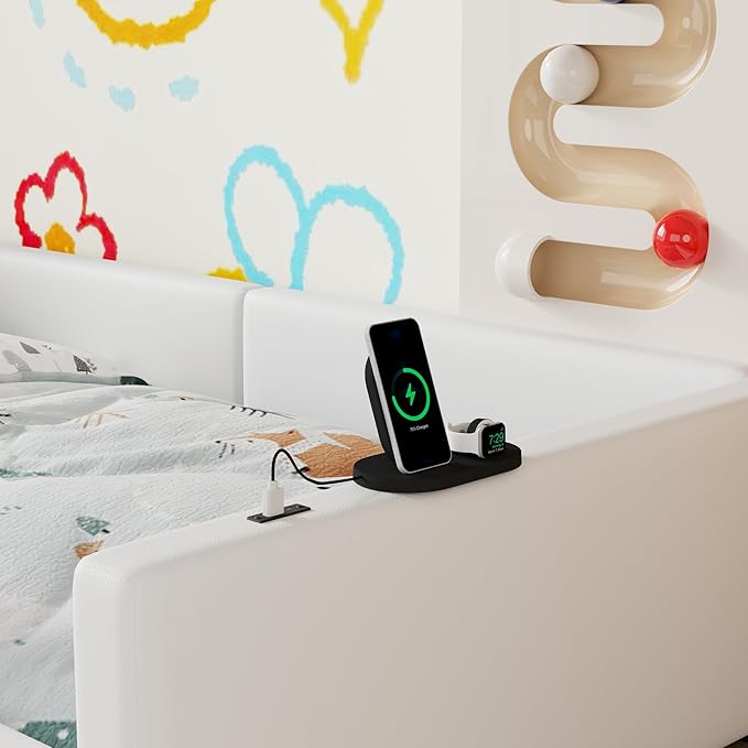 Twin Size Upholstered Platform Bed with Safety Guardrail, Montessori Kids Floor Bed, Child Grounded Bed with Charging Station and Sturdy Slats Support
