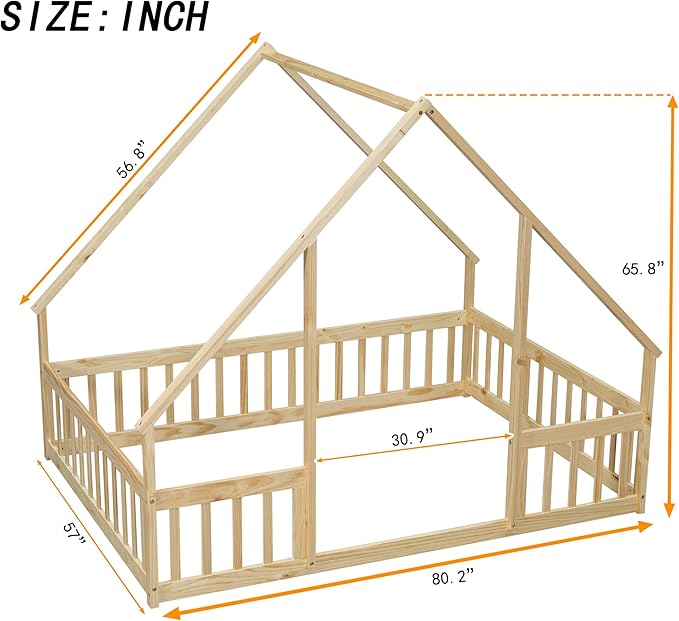 Bellemave Full Floor Bed for Kids, Girls, Boys, Wood House Bed Frame, House Floor Bed for Kids, Full Size Montessori Floor Bed with Fence, Playhouse, Natural