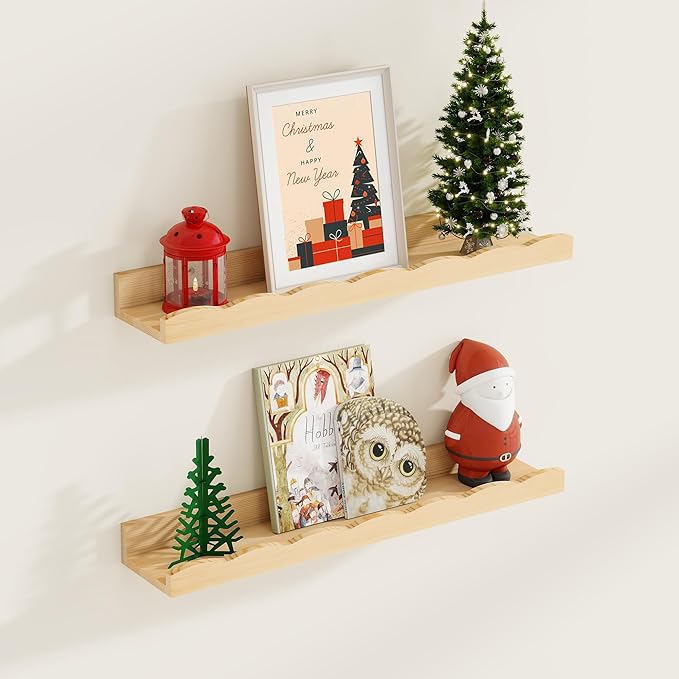 Fun Memories Picture Ledge Shelf for Wall, 24 inch Pine Wood Nursery Book Shelves Set of 2- Wall Book Shelves for Kids Room, Home Decor - Kitchen Spice-Natural.