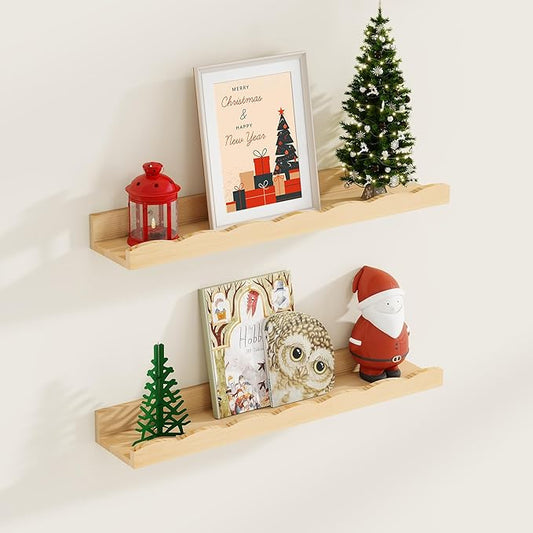 Fun Memories Picture Ledge Shelf for Wall, 24 inch Pine Wood Nursery Book Shelves Set of 2- Wall Book Shelves for Kids Room, Home Decor - Kitchen Spice-Natural.