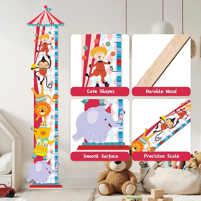 Personalized Growth Chart for Wall, Circus Animals Height Measurement for Kids, Wooden Growth Chart for Kids Room Nursery Wall Decor