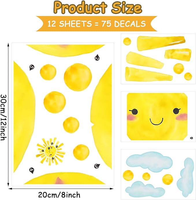 Radiant Smile Sun and Cloud Wall Decals - 12 Sheets Window Clings Watercolor Large Peel and Stick Wall Stickers for Kids Room, Nursery, Bedroom, Playroom Decor