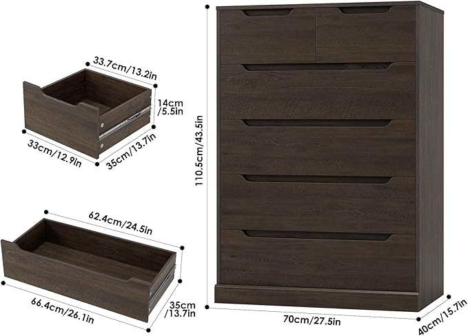 HOSTACK Modern 6 Drawer Dresser for Bedroom, Tall Chest of Drawers with Storage, Large Wood Storage Chest Organizer with Cut-Out Handle, Accent Storage Cabinet for Living Room, Hallway, Dark Brown