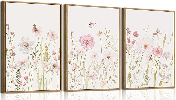 MTFBWY 3Pcs Framed Wildflower Canvas Wall Art – Pink Floral Wall Art Watercolor Prints, Pink Botanical Artwork, Colorful Flower Pictures Decor Printing for Living Room, Girls Bedroom, or Bathroom 16L" x 12W"