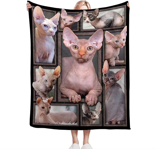 Sphynx Cat Gifts and Decor - Cute Throw Blanket for Girls, Women, Kids, Adults - Soft, Warm, Cozy Fleece Blanket for Couch, Sofa, Bed - 60"x50"