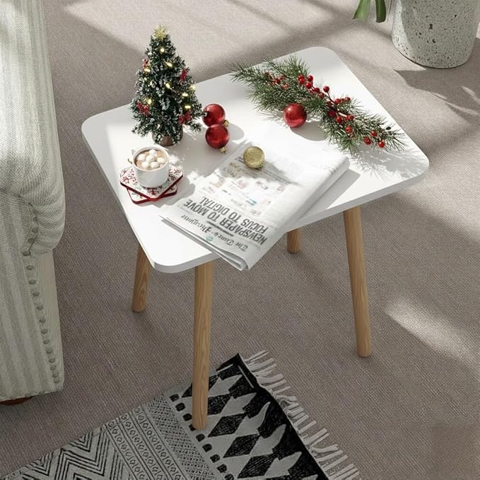 FORAOFUR White End Tables Set of 2, Small Side Tables Accent Tables Living Room, Boho Side Table with Wooden Legs, Easy Assembly