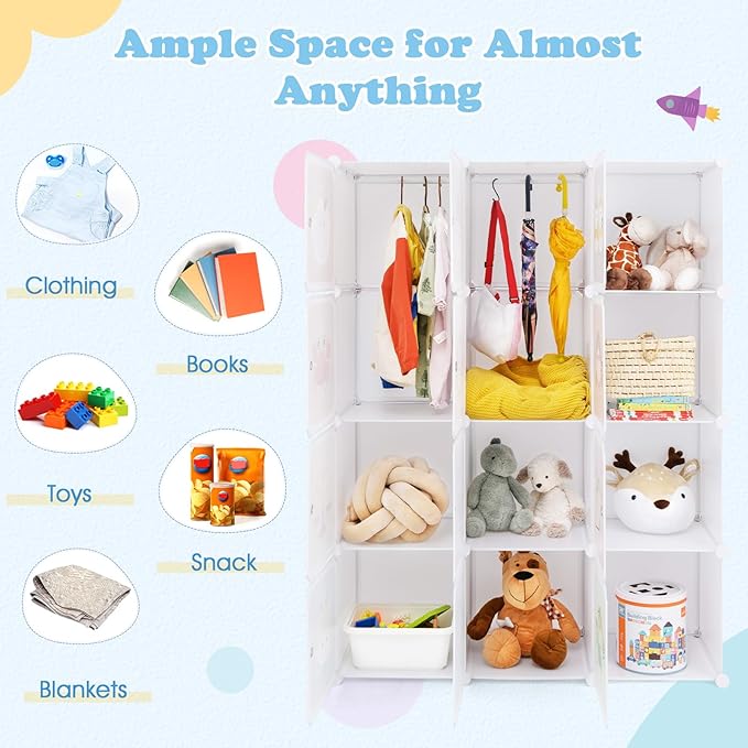INFANS Children Wardrobe, Kid Closet Portable Baby Dresser Cute for Kids Bedroom Nursery Armoire with Doors 12 Cube 2 Hanging Sections, Kid Clothes Storage Organizer