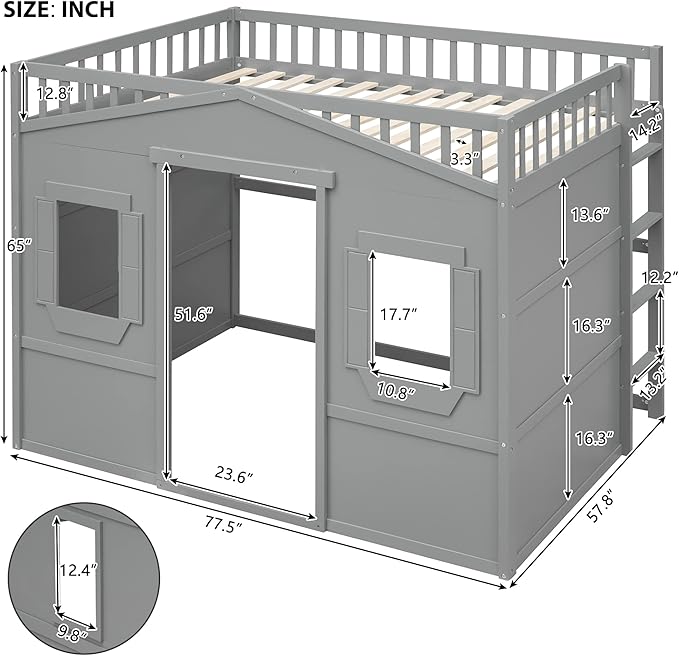 Full Size Loft Bed with Safety Guardrail for Kids Boys Girls, Playhouse Design Solid Wood Loft Bed Frame with Ladder and Windows, Strong Wood Slats Support, Space-Saving (Gray)