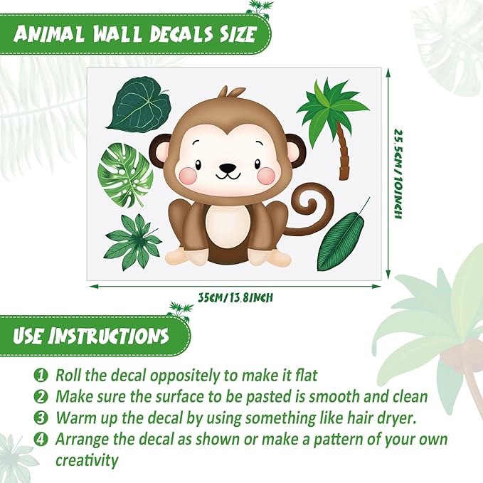 9 Sheets Baby Safari Animals Wall Stickers Jungle Animals Wall Decals Elephant Zebra Giraffe Hippo Lion Leaf Baby Nursery Decor Peel and Stick Decals Kids Bedroom Living Room Art