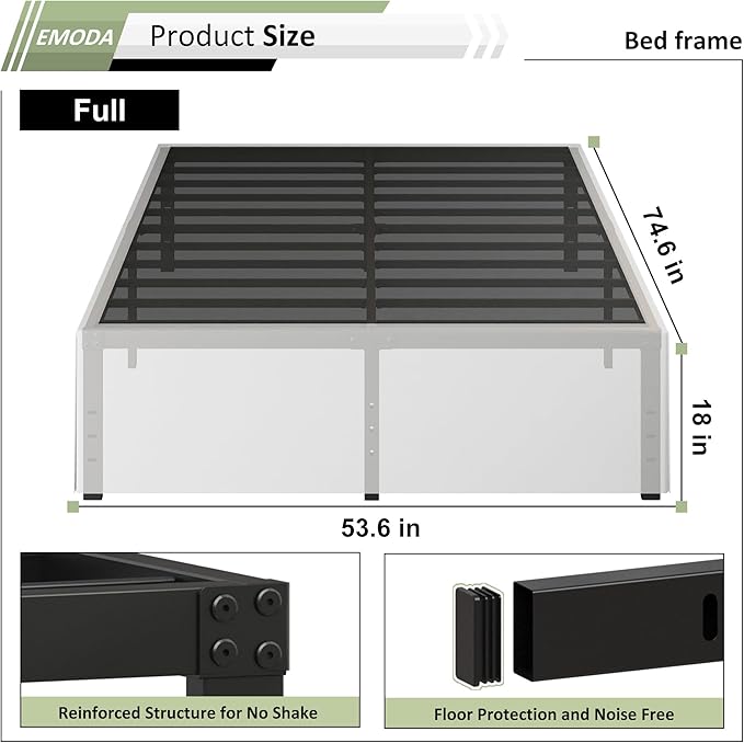 EMODA 18 Inch Full Size Bed Frame with White Skirt Cover, Heavy Duty Metal Platform No Box Spring Needed, Easy Assembly Noise Free