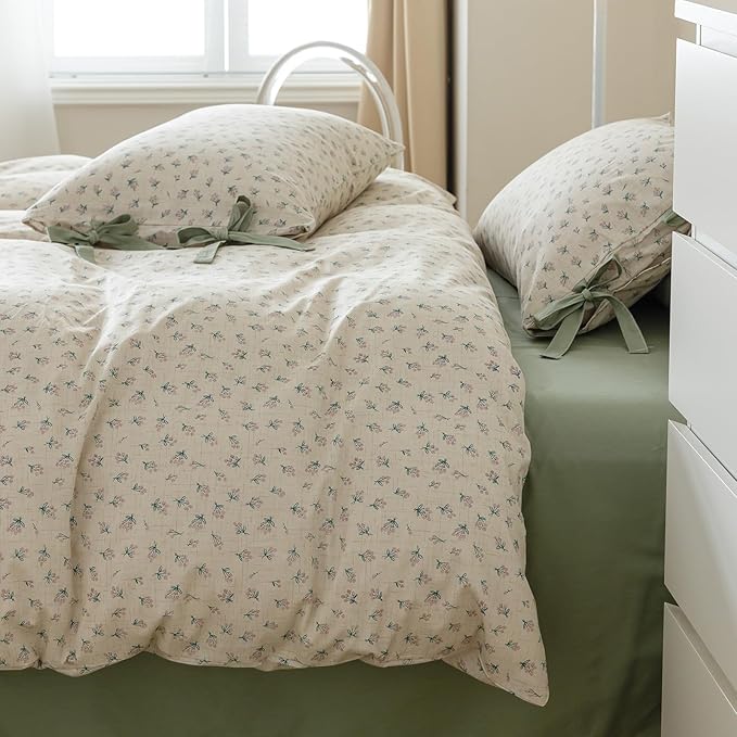 HighBuy Soft Cotton Duvet Cover Full Girl Floral Coquette Bedding Boho Duvet Cover Full with 2 Bowknot Bow Tie Pillowcases,Fresh Garden Floral Comforter Cover Coquette 3 Piece Bedding Set