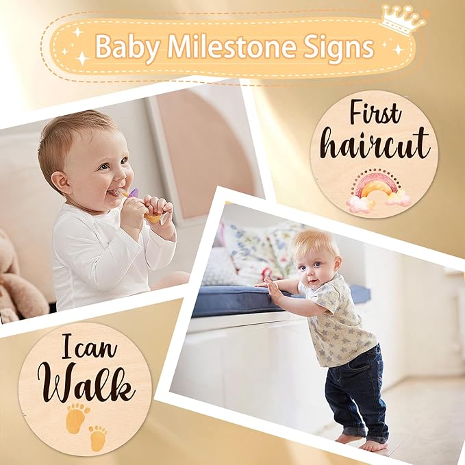 Baby Monthly Milestone Cards Signs - 13 Double Sided Little Elephant Milestone Cards, "Hello" Wooden Circles Discs for Photo Props Elephant Newborn Announcement Marker, Baby Shower Newborn Sign Gift