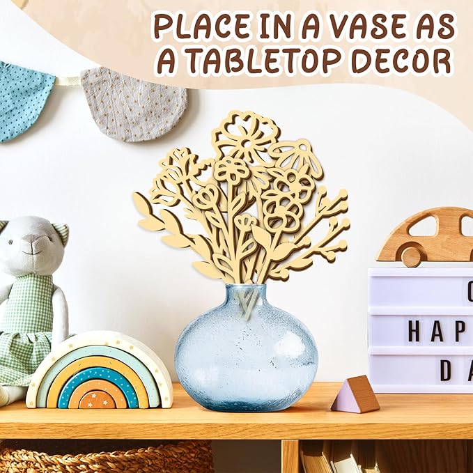 7 PCS Large Wooden Wildflowers Signs Decals DIY Colorable Wood Flowers Sign for Crafts Baby Nursery Stick Peel and Stick Boho Flower Art Cutout for Girls Bedroom Floral Sticker Gift for Kids Playroom