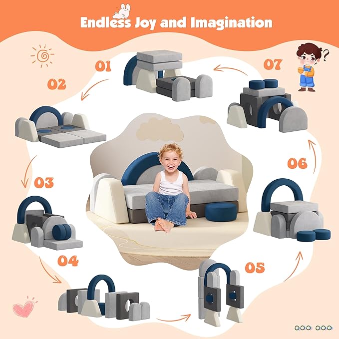 12 PCS Modular Kids Play Block Couch Child Sectional Soft Sofa Toddler Building Fortplay Climbing Bedroom Playroom Baby Convertible Floor Foam Cushion for Boys & Girls (Blue+Grey+Beige)