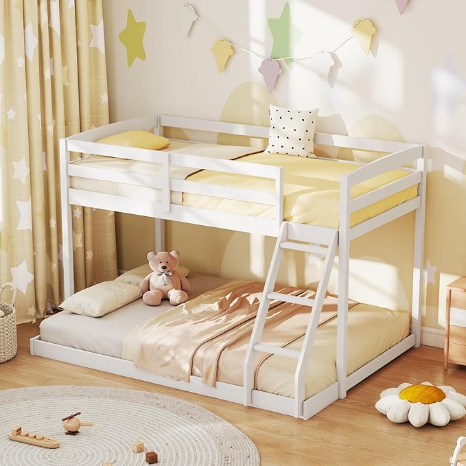 KOMFOTT Low Bunk Bed Twin Over Full, Solid Wood Twin Bed Frame with Built-in Ladder & Safety Guardrails, Space-Saving Low Bunk Bed for Kids, Teens, No Box Spring Needed
