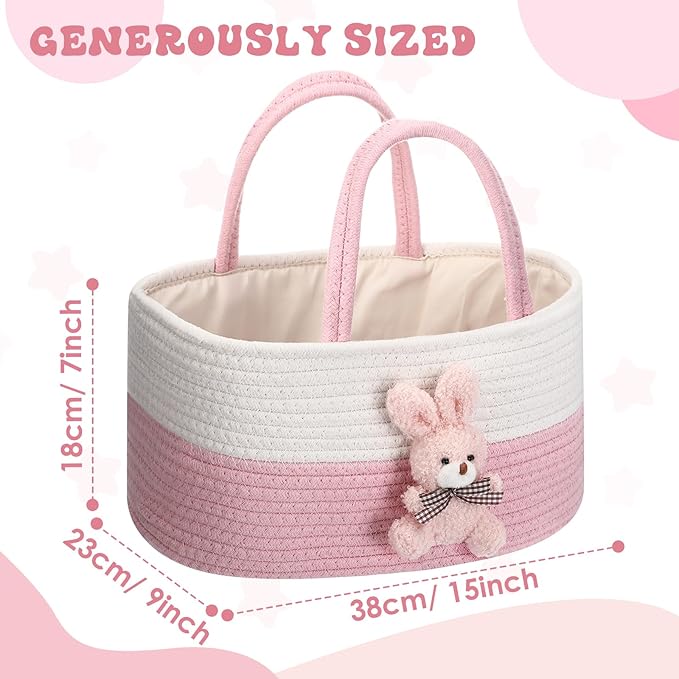 Bunny Baby Diaper Caddy Organizer Cotton Rope Nursery Storage Bin Basket Baby Shower Basket Gift Portable Holder Tote Bag with Handle for Changing Table Car Travel Registry Newborn Gift