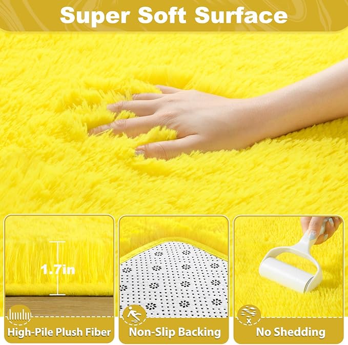 EVOIONOS 6x9 Washable Large Area Rug for Living Room, Fluffy Shag Rug for Bedroom, Ultra Soft Plush Non Slip Carpet for Indoor Floor Bedside Nursery Kids Girls Room Dorm, Home Decor Aesthetic, Yellow