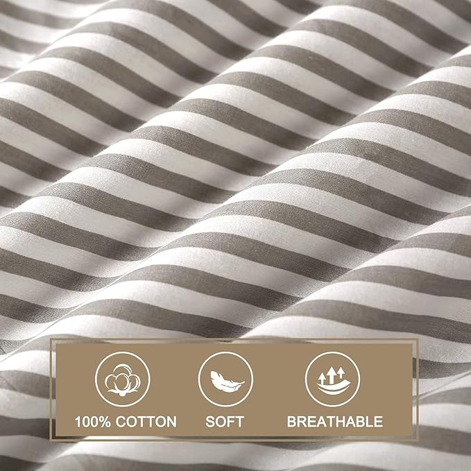 JELLYMONI Duvet Cover, 100% Natural Cotton, Printed Comforter Cover with Zipper Closure and Corner Ties (Oversized King Plus 128×120 Inch, White Duvet Cover Set with Grey Stripes Pattern)