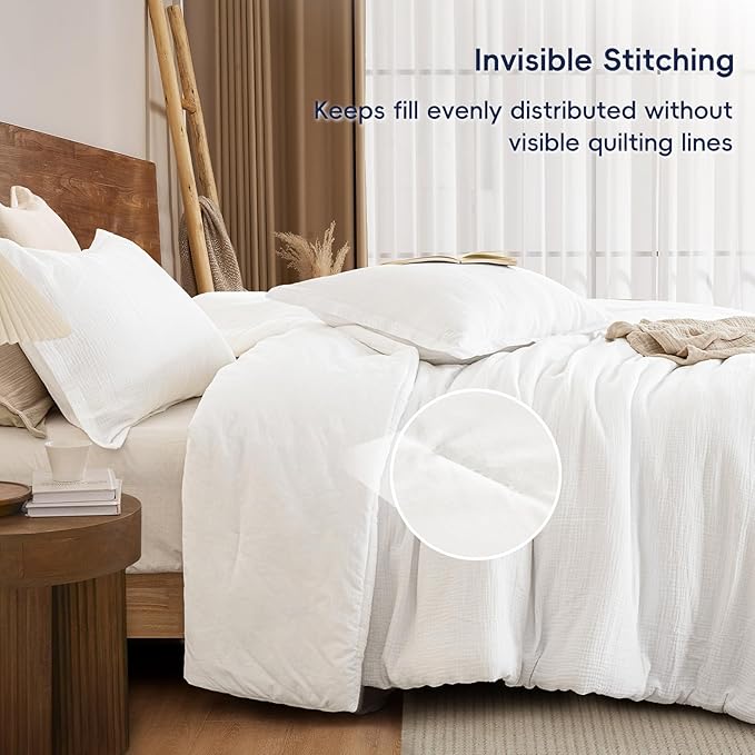 PHF Cotton Muslin Comforter Set King Size, Ultra Soft, Breathable & Lightweight All-Season Bedding, Filling: 100% Polyester, 3 Pieces with 1 Comforter 104"x90" and 2 Pillow Shams 20"x36", White