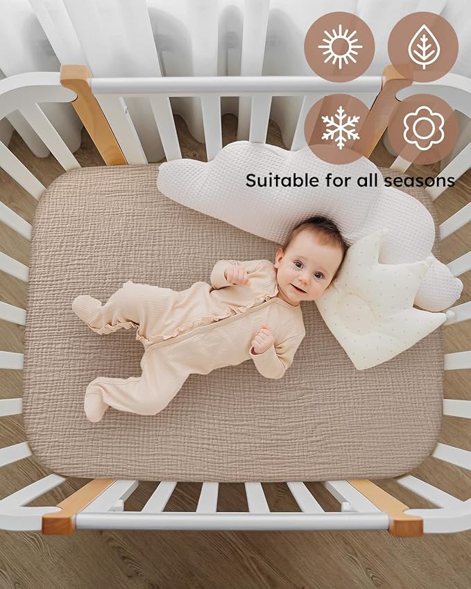 Yoofoss Muslin Pack and Play Sheets Fitted, Organic Mini Crib Sheets for Boys Girls, Playard Sheet Compatible with Pack N Play Mattress, Soft, Breathable and Durable 38"x26"