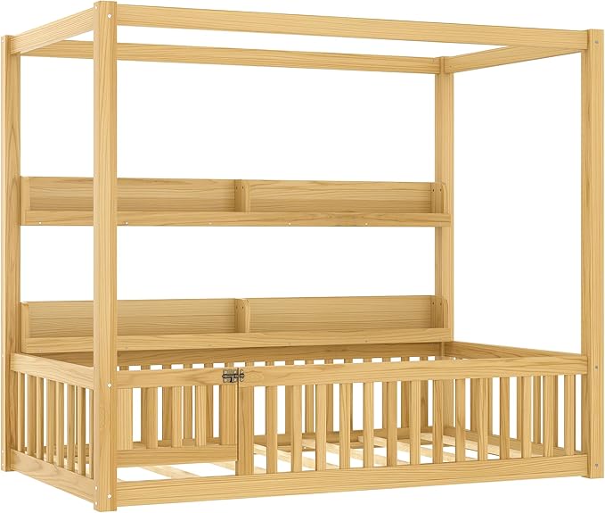 Polibi Twin Size Montessori Floor Bed with Guardrails, Low Profile Solid Wood Canopy Frame with Built-in Shelves, No Box Spring Needed, for Kids, Natural