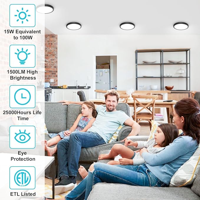 libtit 12 Pack Black Led Ceiling Light - 7 Inch 15W 1500Lm Small Ceiling Lighting Fixture, 3000K/4000K/6500K Color Selectable, Recessed Led Kitchen Ceiling Lamp for Shower Hallway Laundry Closet