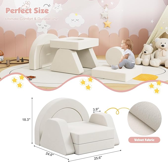 12 PCS Modular Kids Play Block Couch Child Sectional Soft Sofa Toddler Building Fortplay Climbing Bedroom Playroom Baby Convertible Floor Foam Cushion for Boys & Girls (Beige-Single-2)
