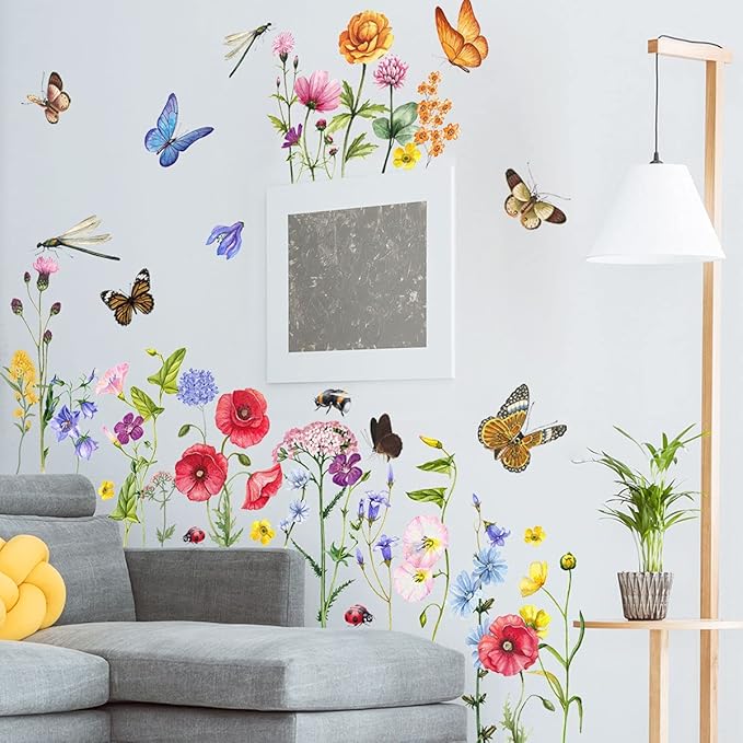 6 Pieces Flowers Wall Decals Vinyl Flowers Wall Stickers Removable Floral Murals Peel and Stick Colorful Flower Decor for Girls Bedroom Living Room Nursery (Butterfly and Dragonfly)