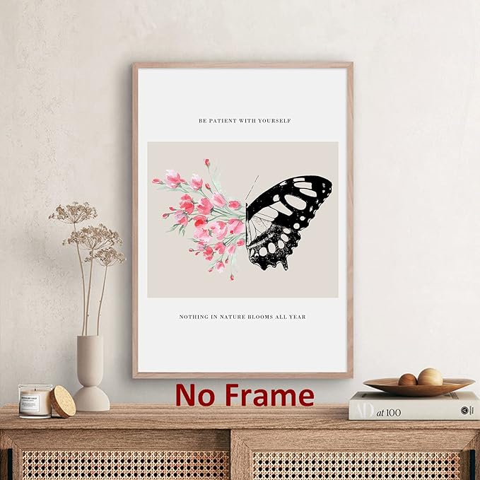 Be Patient with Yourself Art Positive Affirmation Artwork Mental Health Posters Butterfly Flower Painting Pink Watercolor Flower Prints Black Butterfly Pictures for Living Room Bedroom 16x24in