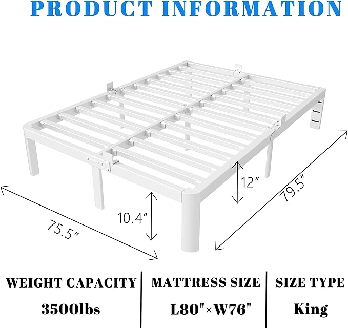 12 Inch King Size Bed Frame with Metal Gaskets, White Bed Frame King Size No Box Spring Needed, Heavy Duty Steel Platform Support, Round Corner Design, Reserved Holes, Noiseless, Storage Space