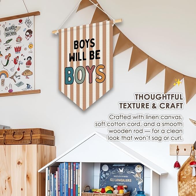 Wheatwin Boy Room Decor, Boys Will Be Boys Wall Hanging Pennant Flag Banner, Neutral Striped Kids Wall Decor for Nursery Toddler Room Bedroom Playroom 15x11 Inch